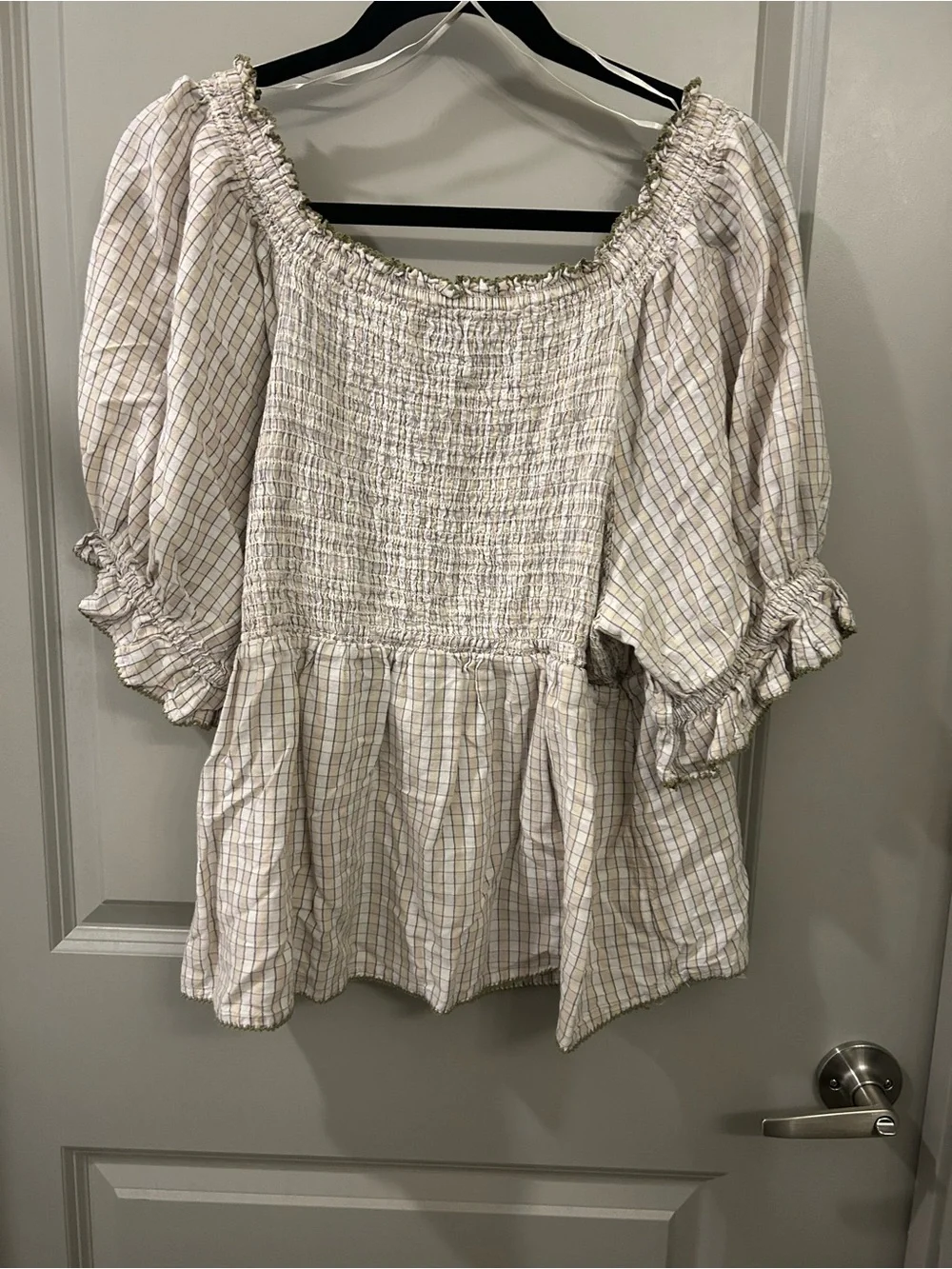 Old Navy Cream Plaid Smocked Peasant Blouse